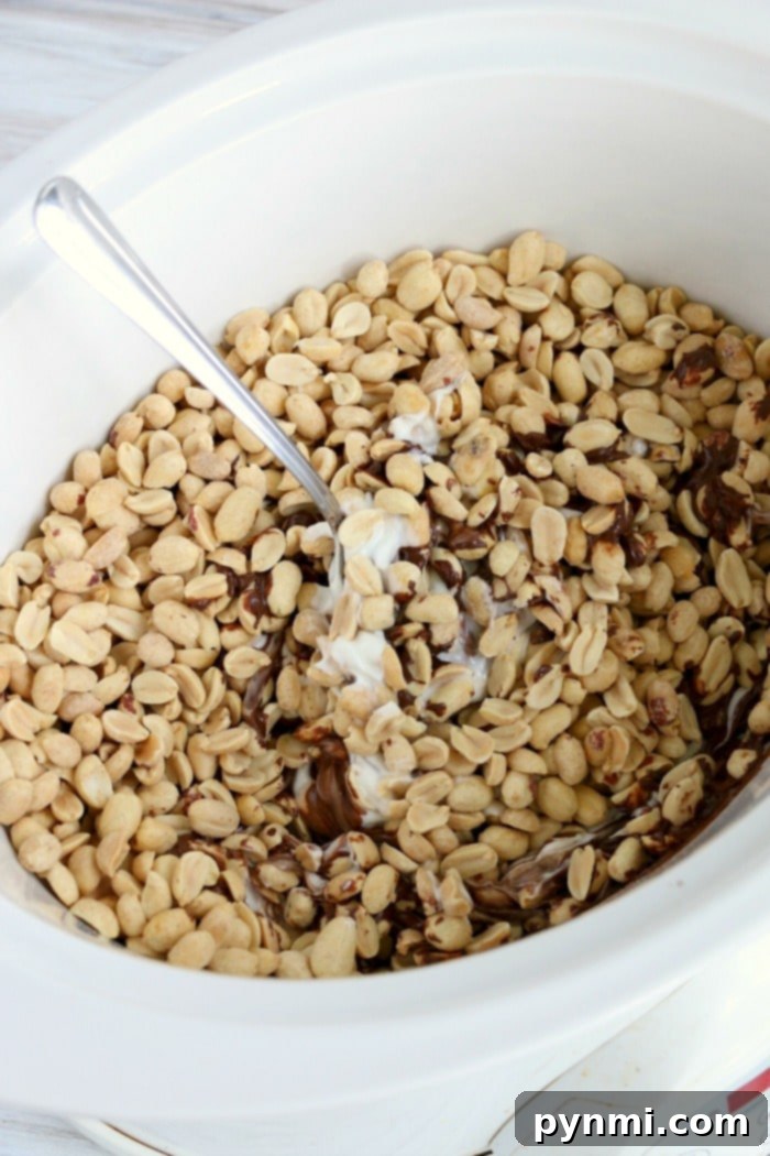 Easy Slow Cooker Peanut Clusters 9 Crockpot chocolate peanut clusters in a serving bowl
