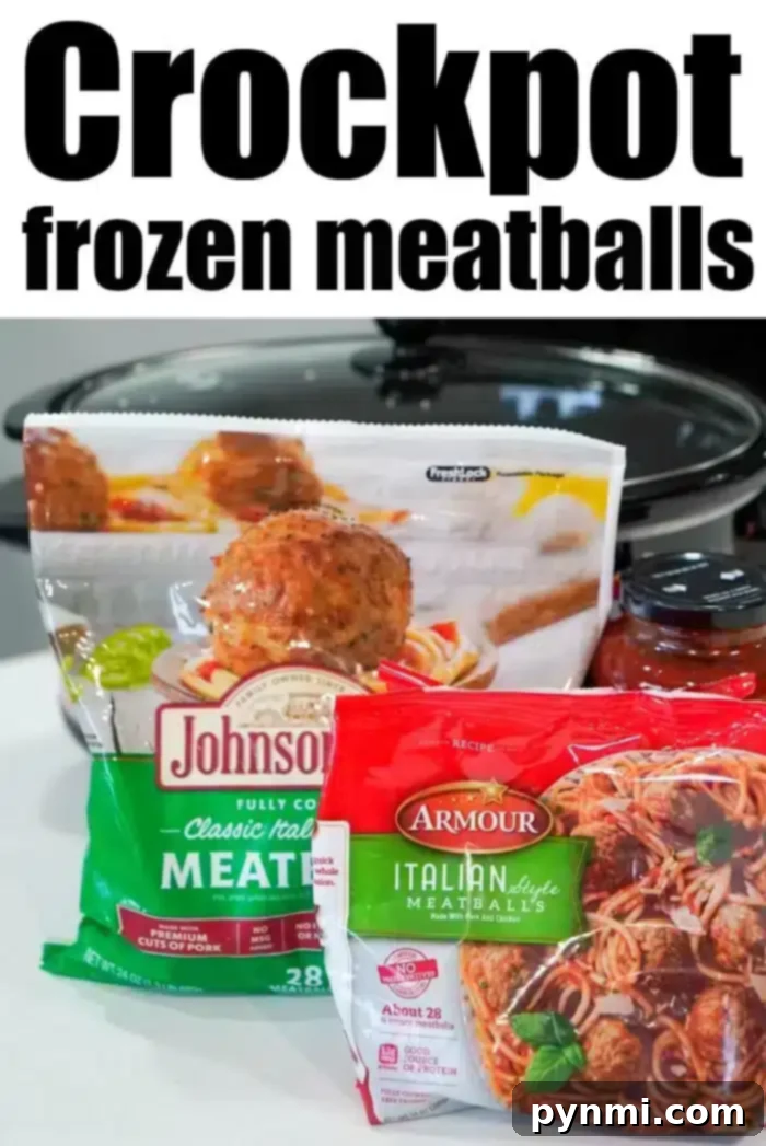A package of Johnsonville Classic Italian meatballs, Armour Italian-style meatballs, and a jar of spaghetti sauce sit in front of a slow cooker. The text "Frozen meatballs in crockpot" is prominently displayed at the top.