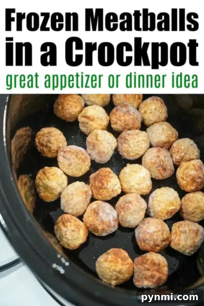 Frozen meatballs in a crockpot make a great appetizer or dinner idea. Just toss them in and let the slow cooker do the work!