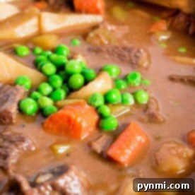 Hearty beef stew with tender stew meat, carrots, peas, and potatoes in a rich broth, cooked to perfection in an Instant Pot and served warm in a pot.