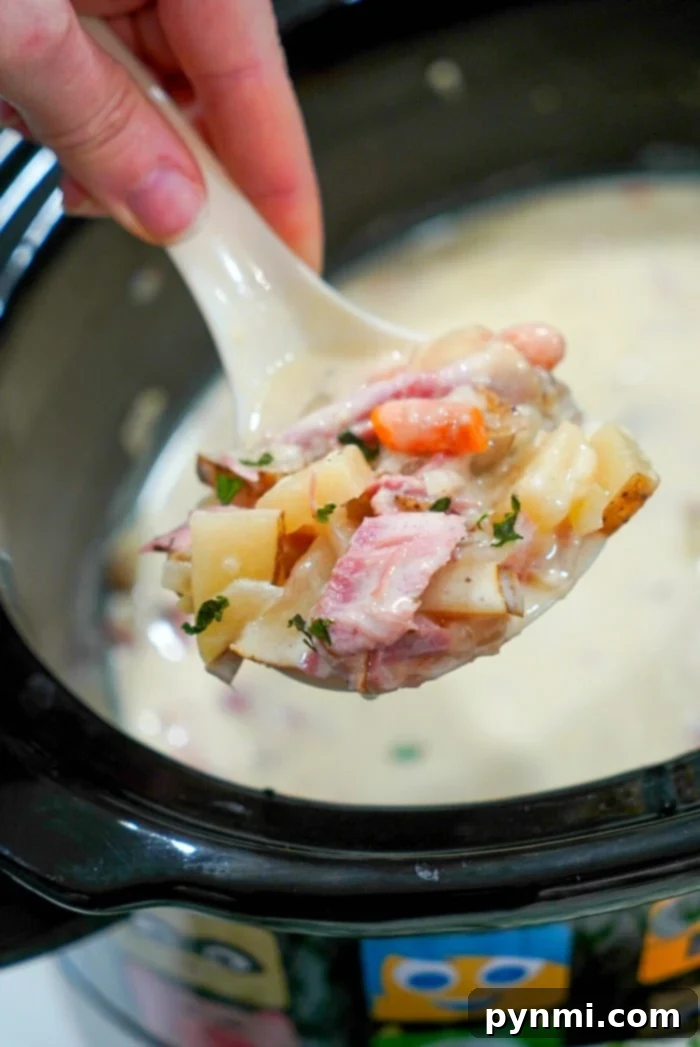 Hearty Slow Cooker Ham and Potato Soup 2 Creamy Crockpot Ham and Potato Soup with fresh herbs
