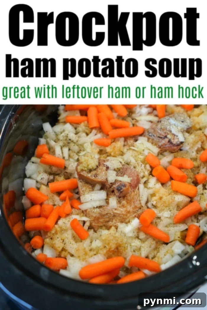 Hearty Slow Cooker Ham and Potato Soup 5 A ladle serving crockpot ham potato soup into a bowl
