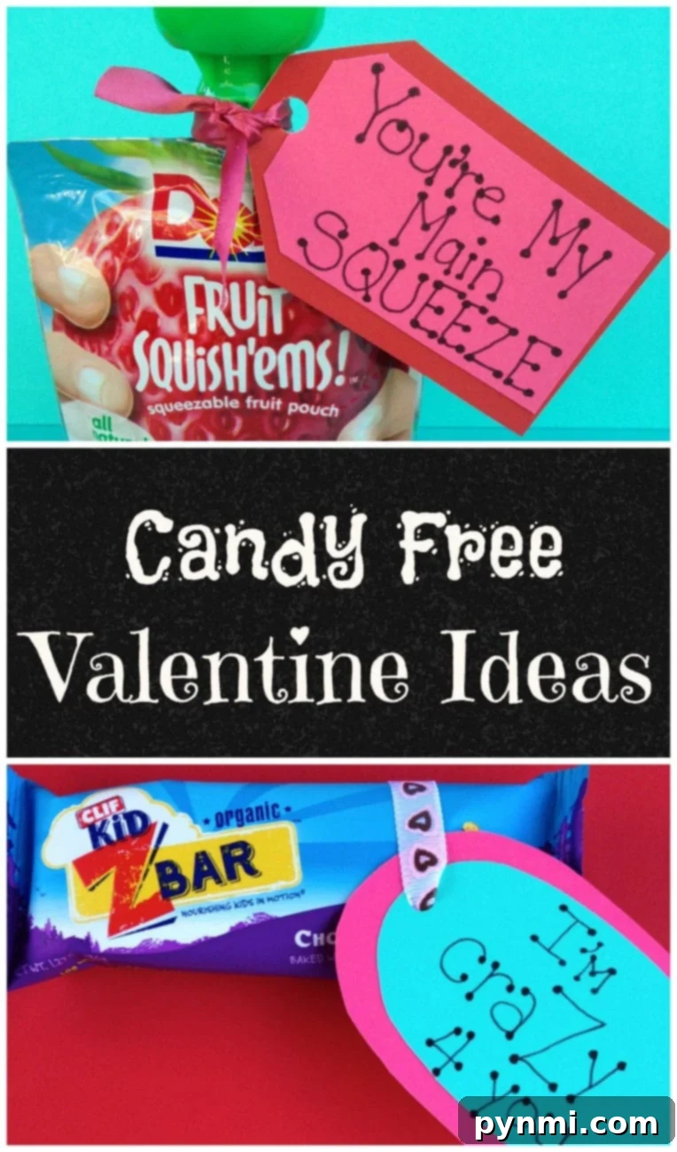 Organic Z-bars for kids with custom Valentine's Day tags, presented as a candy-free option for school.