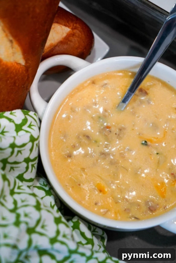 Instant Pot Pub Cheese Perfection 2 A bowl of creamy beer cheese soup with visible chunks, a spoon inside, bread, and a green patterned cloth nearby evokes the comforting scent of an Instant Pot creation.
