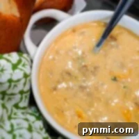 A bowl of creamy beer cheese soup with visible chunks, a spoon inside, bread, and a green patterned cloth nearby evokes the comforting scent of an Instant Pot creation.