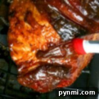 Brushing thick barbecue sauce over a bourbon glazed ham sizzling on the grill rack.