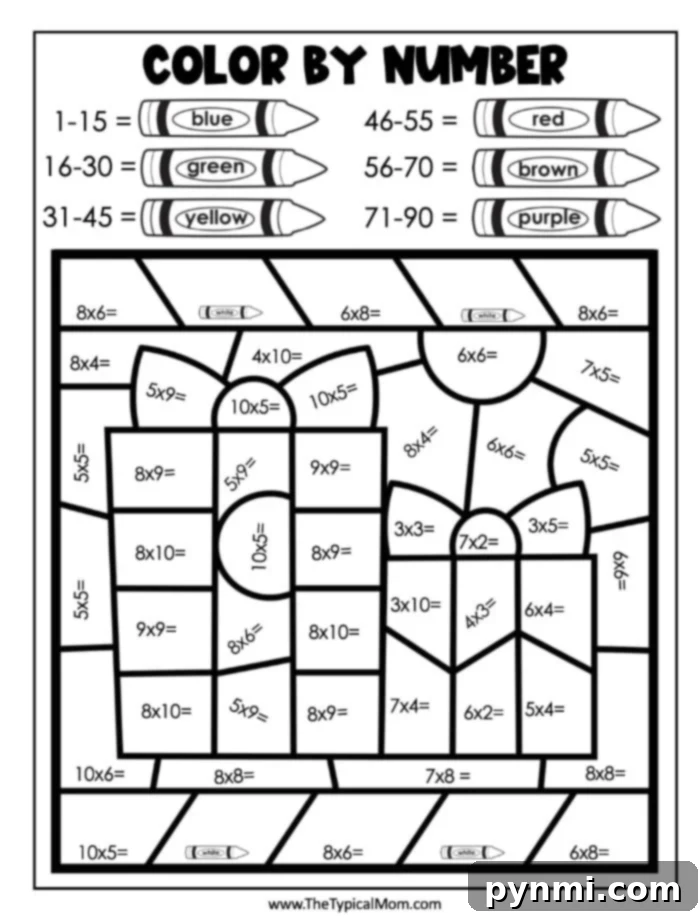 A detailed color by number multiplication worksheet featuring various festive elements and a clear key, designed to help students practice math facts while creating a holiday picture.