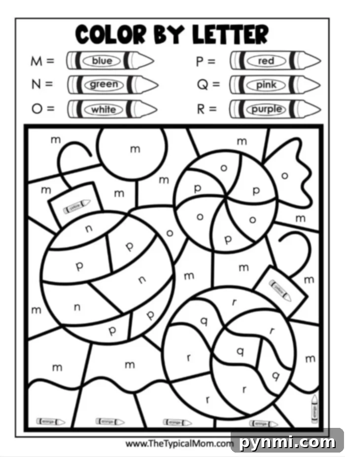 A delightful Christmas color by number worksheet focusing on letter recognition, featuring a festive scene with a clear color key, ideal for engaging younger children in early literacy skills.