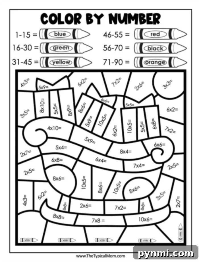 A vibrant Christmas-themed color by number worksheet designed for math practice, featuring various multiplication problems and a key with holiday-colored crayons corresponding to answer ranges.
