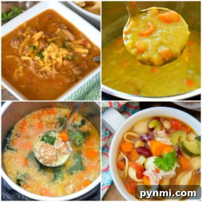 Ninja Foodi Soup Magic 2 Collage of four soups: chili, split pea, chicken vegetable, and minestrone in bowls with ladles, showcasing delicious ninja foodi soup recipes.