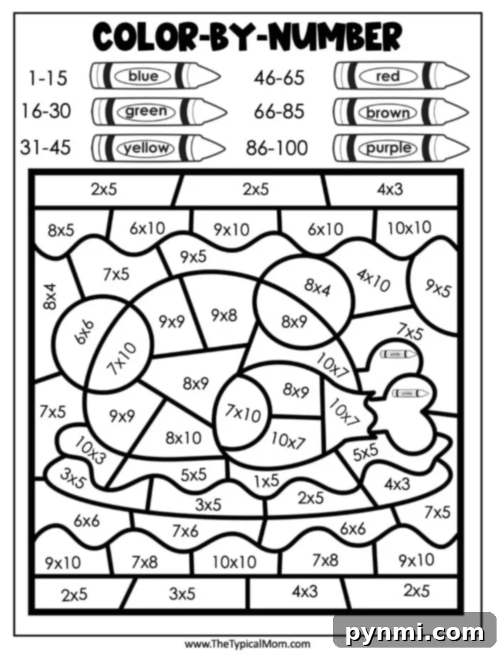 Free Thanksgiving Color By Number Activity Pages 3 Thanksgiving color by number worksheet with math multiplication problems. Color codes are: blue (1-15), green (16-30), yellow (31-45), red (46-65), brown (66-85), purple (86-100). Kids solve equations to color festive scenes.