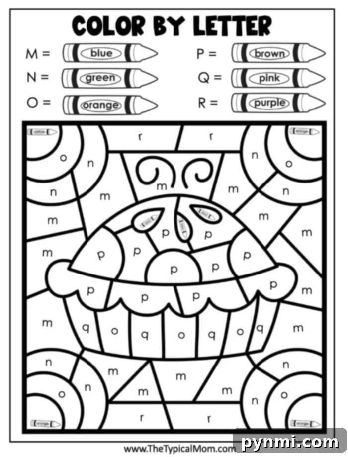 Free Thanksgiving Color By Number Activity Pages 4 Fun Thanksgiving color-by-letter activity sheet featuring a festive cupcake. The color key indicates: M = blue, O = green, N = orange, P = brown, Q = pink, R = purple. Kids match letters to colors to complete the vibrant holiday masterpiece.