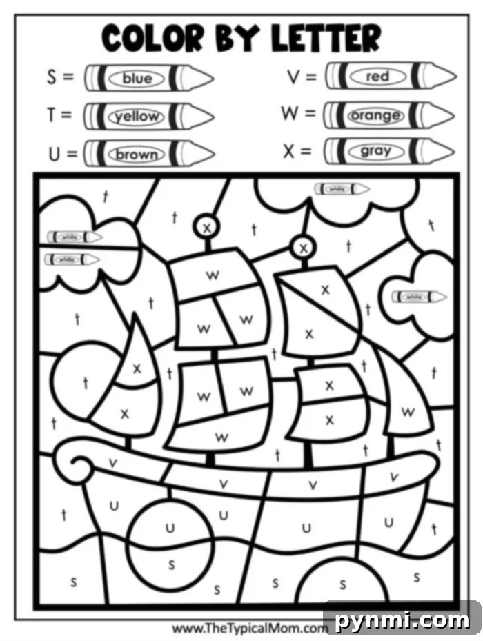 Free Thanksgiving Color By Number Activity Pages 5 Thanksgiving color-by-letter activity page featuring a pilgrim ship. Letters M, S, T, U, V, W, and X correspond to colors blue, red, yellow, orange, brown, gray, and white. Crayons illustrate color assignments at the top for easy reference.