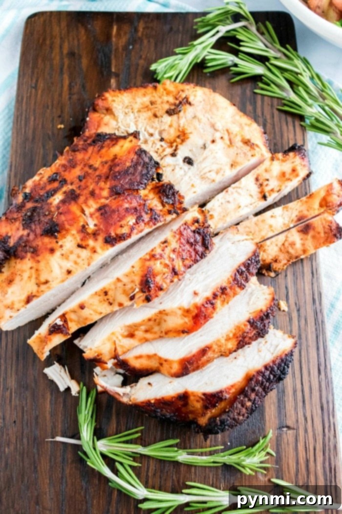 Sliced roasted turkey breast on a wooden cutting board, garnished with sprigs of rosemary, brings to mind the juicy tenderness of air fryer turkey breast.
