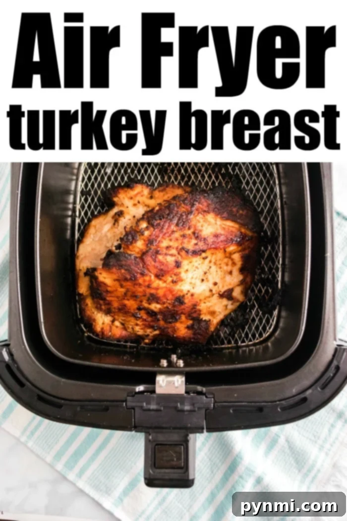 An overhead view captures a savory air fryer turkey breast, perfectly browned and seasoned, resting on a checkered towel. The text above proudly declares "Air Fryer Turkey Breast.