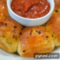 Golden, seasoned air fryer garlic bread rolls arranged around a bowl of marinara sauce on a white plate.