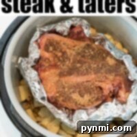 An image of a steak seasoned and nestled among foil-wrapped spuds inside a Ninja Foodi cooker. The text at the top reads Ninja Foodi steak & mashed potatoes, promising a delicious culinary adventure.