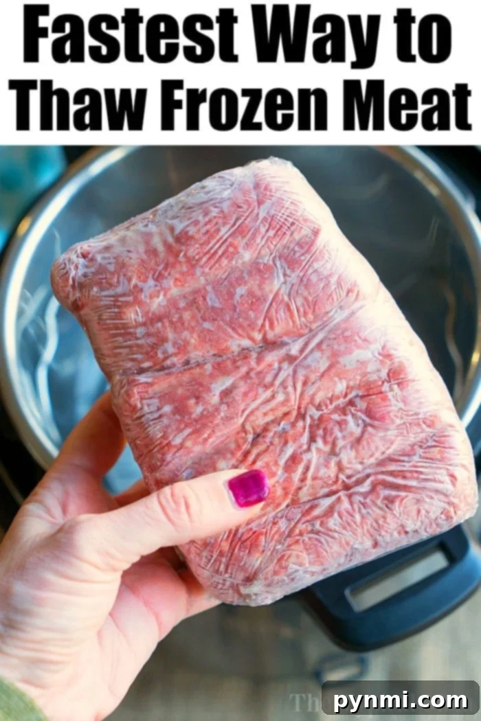 Hand holding a frozen block of ground beef over an Instant Pot, with the text Fastest Way to Thaw Frozen Meat.