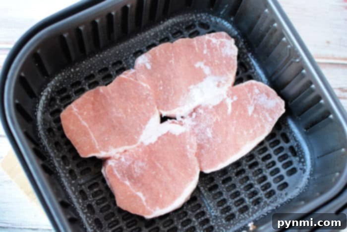 Several raw frozen pork chops stacked together in a plastic bag, showing their icy and solid state.