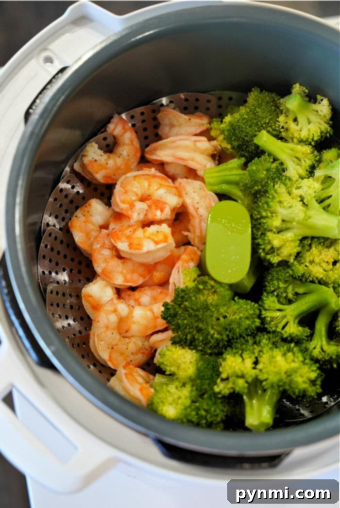 A close-up of Instant Pot shrimp and broccoli, showcasing a healthy and visually appealing meal.