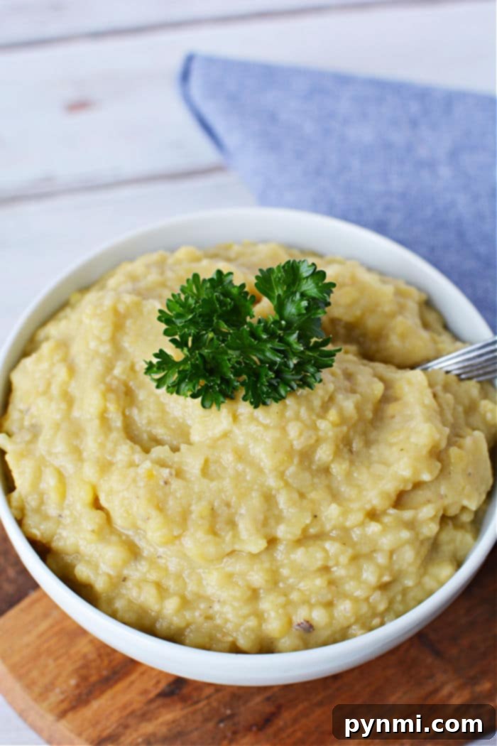 Bowl of creamy red lentils, garnished with fresh parsley, set on a wooden board alongside a blue napkin.