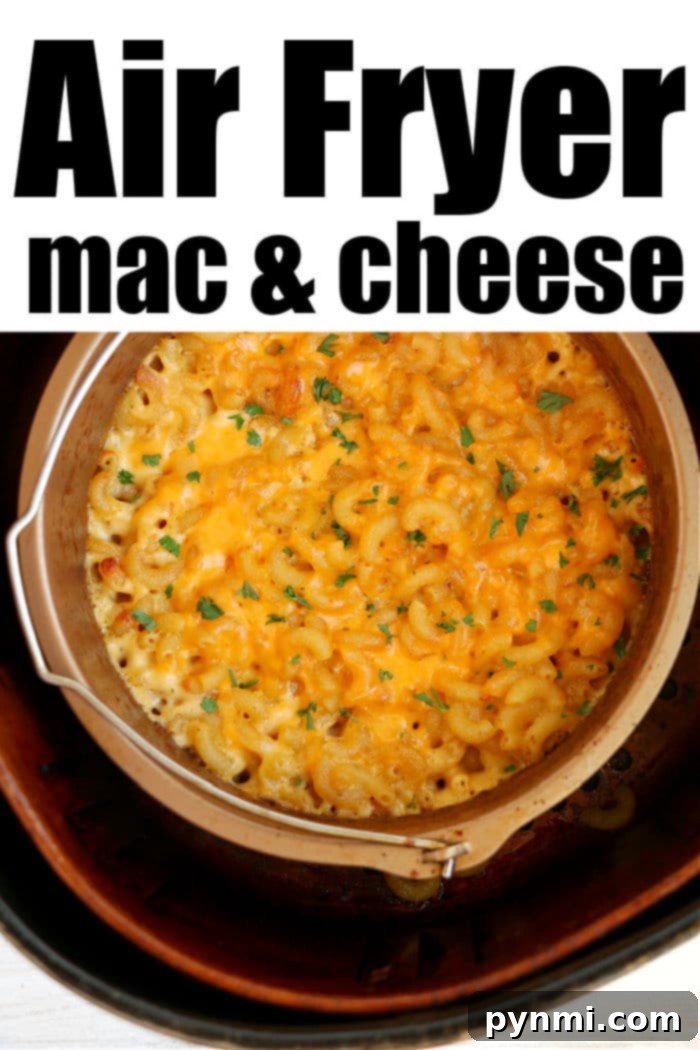 Close-up of golden brown air fryer macaroni and cheese in a dish.