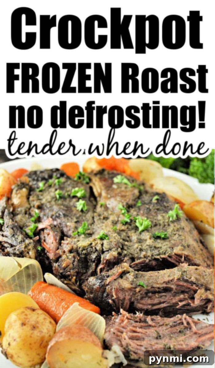 No Thaw Slow Cooker Pot Roast 13 A large, rustic crockpot filled with a savory frozen roast and various vegetables, simmering gently to create a flavorful meal.