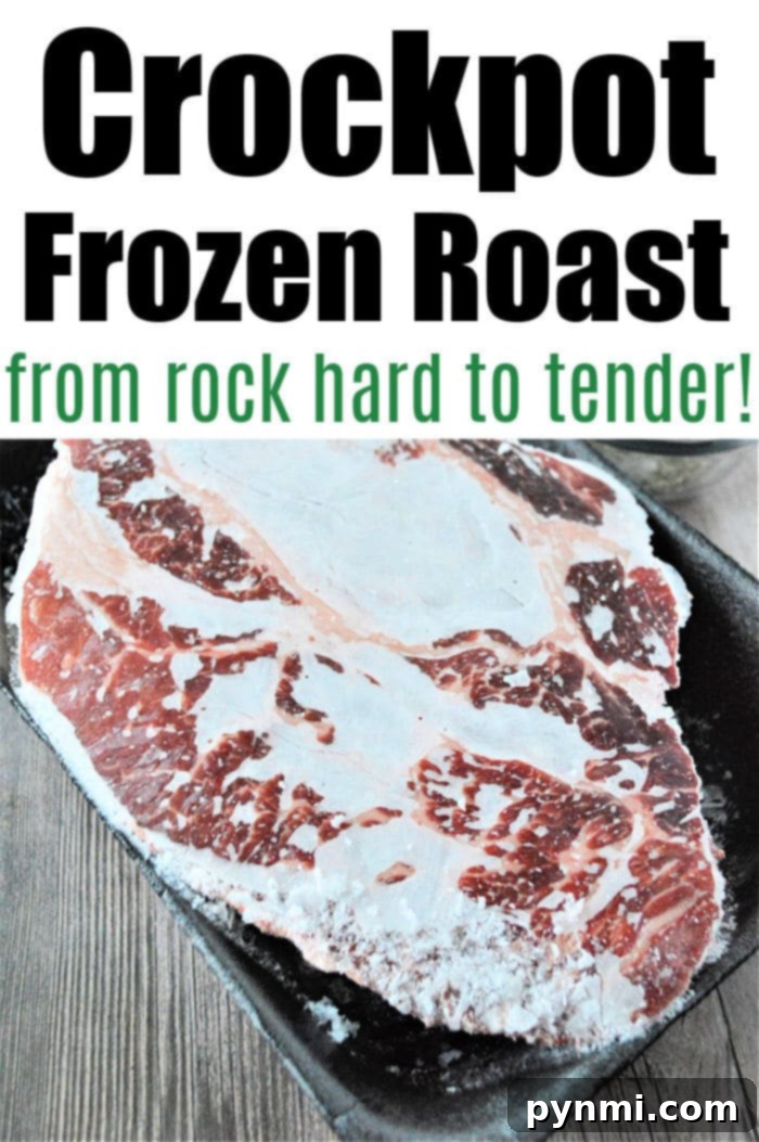 No Thaw Slow Cooker Pot Roast 5 A frozen chuck roast nestled in a slow cooker with beef broth and seasonings, ready for a long, slow cook.