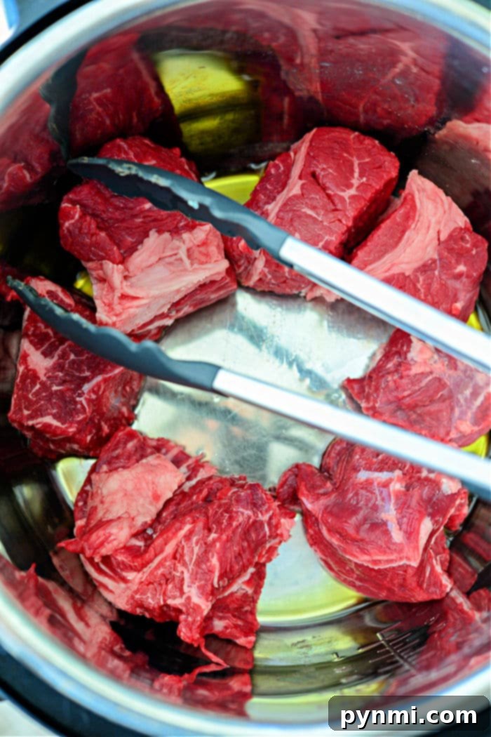 Mouthwatering Instant Pot Barbacoa 3 Instant Pot Beef - a large cut of beef chuck roast, seasoned and ready for searing in an Instant Pot.