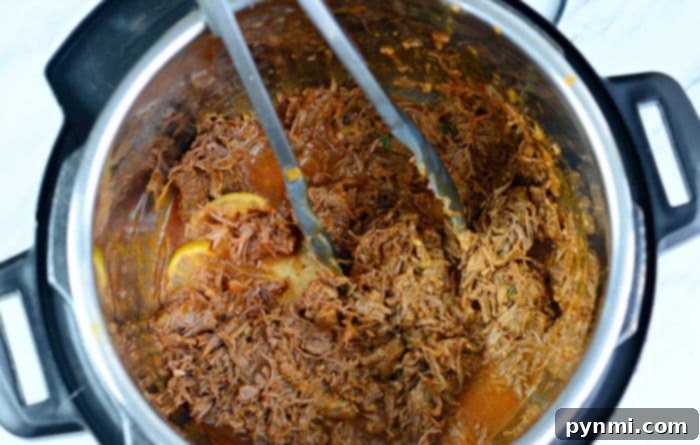 Mouthwatering Instant Pot Barbacoa 8 Barbacoa Beef – a close-up of tender, shredded barbacoa beef in a bowl, ready to be served.