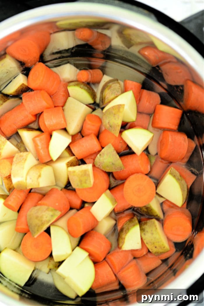 Easy Instant Pot Potatoes and Carrots 8 A bowl of Instant Pot carrots and potatoes, perfectly steamed and seasoned