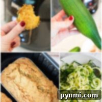Collage: Fried zucchini slice, whole zucchini, zucchini bread in pan, and air fryer zucchini noodles on a plate.