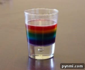 Science experiment showing layered rainbow in a glass
