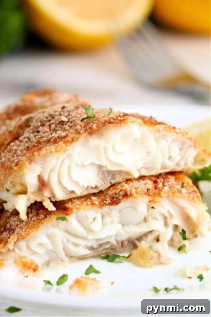 Crispy Air Fryer Catfish Without Cornmeal 2 Two crispy, golden-brown air fryer catfish fillets stacked on a plate, garnished with chopped herbs.