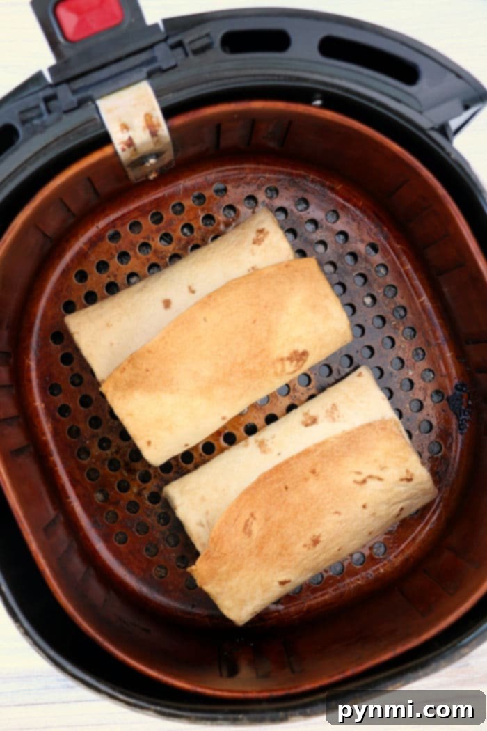 A pair of beautifully air-fried burritos, lightly golden and inviting, garnished with fresh cilantro.