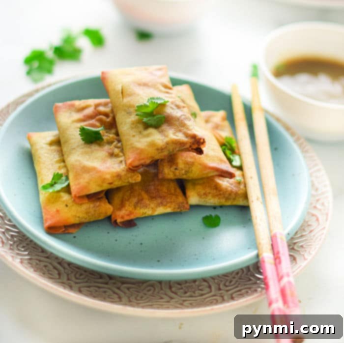 Crispy Homemade Egg Roll Wrappers from Scratch 10 Finished egg rolls piled on a plate ready to serve