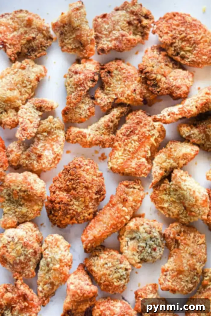 Crispy Air Fryer Popcorn Chicken 2 A collection of crispy, golden-brown popcorn chicken pieces arranged on a white surface. The air fryer ensures each piece achieves that textured, crunchy coating, with the pieces varying in size and shape.