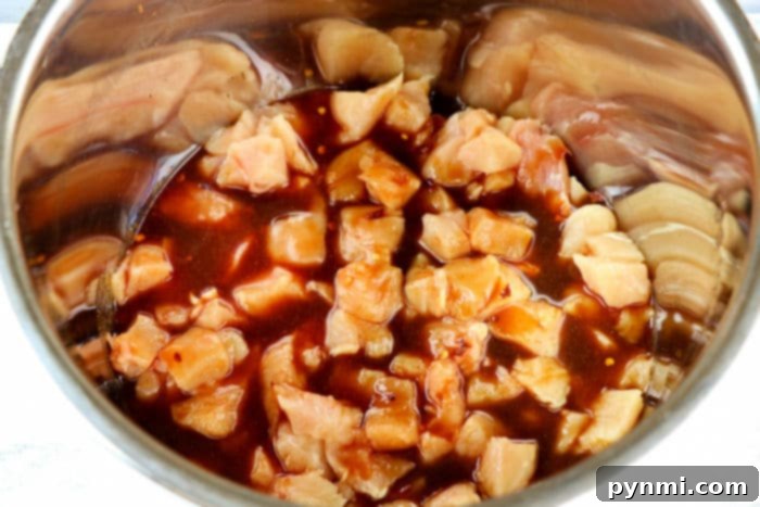 Flavorful Asian Chicken 6 Instant Pot with cooked chicken pieces submerged in the delicious Asian sauce.