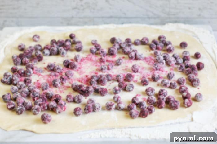 Six uncooked blueberry sweet rolls arranged in a greased baking pan, ready for the second rise.