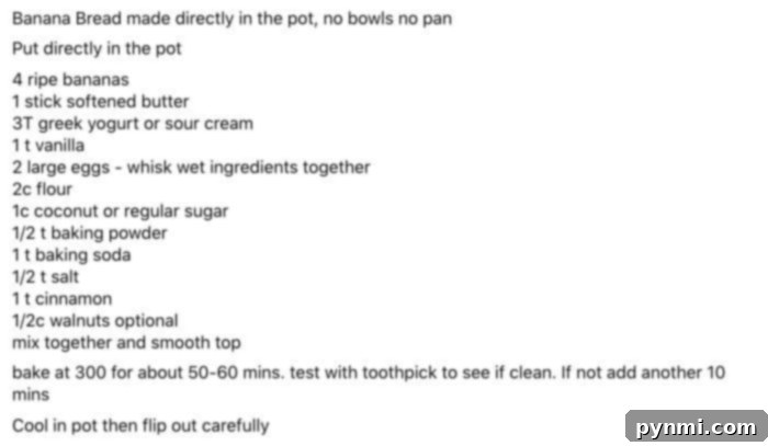 A screenshot of a Ninja Foodi user's post showing banana bread baked directly in the Foodi pot without a pan.