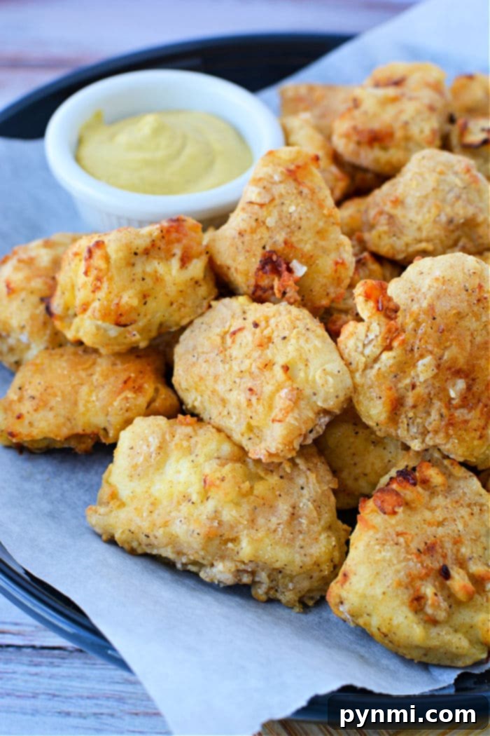 Crispy Homemade Air Fryer Chicken Nuggets 10 Close-up of a golden, crispy homemade chicken nugget, showing its delicious texture.