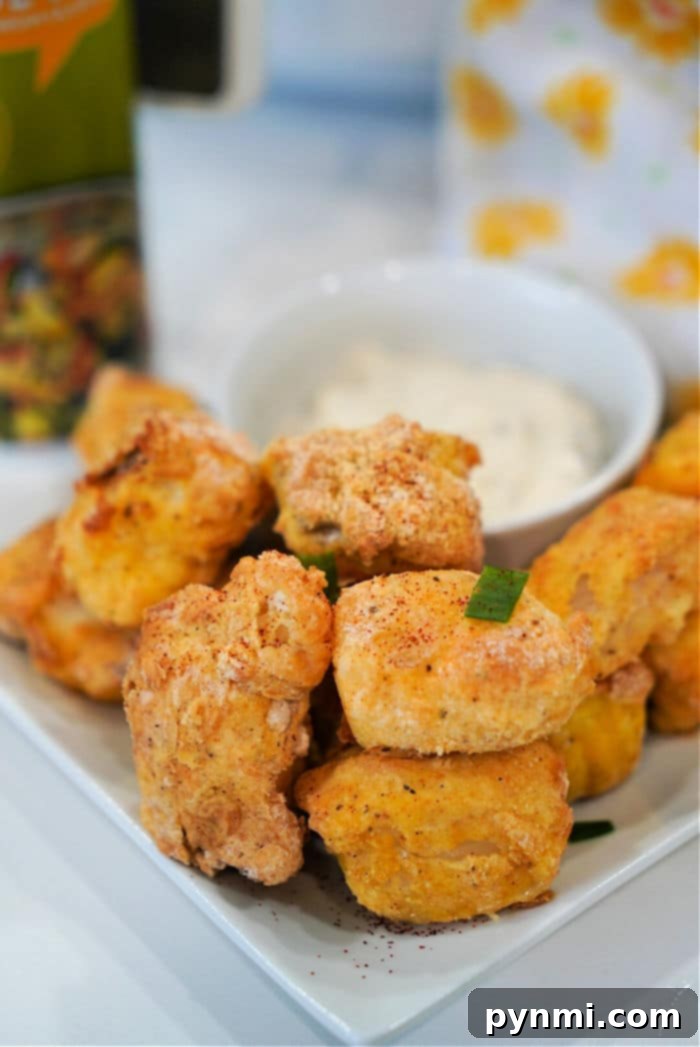 Golden Air Fryer Fish Bites 2 Crispy Air Fryer Fish Nuggets served with dipping sauce, ready to eat.