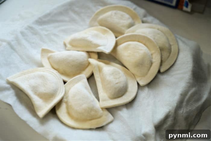 A plate of microwaved frozen pierogies, ready for air frying.