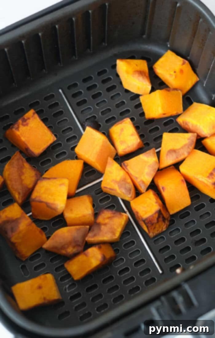Golden Air-Fried Butternut Squash 5 Golden cubes of air fryer butternut squash roasted to perfection, ready to enjoy straight from the basket.