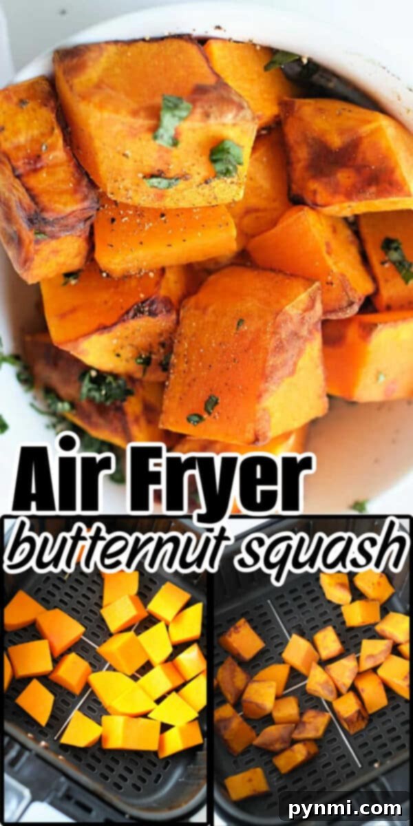 Golden Air-Fried Butternut Squash 7 Air fryer butternut squash, cut into cubes and topped with fresh herbs, shown before and after crisping to perfection.