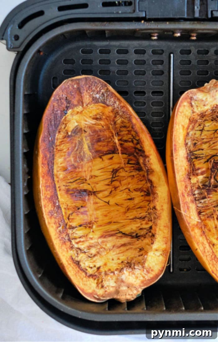 Perfectly Roasted Air Fryer Spaghetti Squash 2 Two halves of golden-brown air fryer spaghetti squash, perfectly cooked and ready to be scraped into noodles.