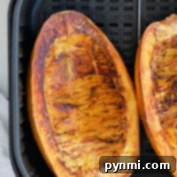 Perfectly Roasted Air Fryer Spaghetti Squash 7 Two halves of air fryer spaghetti squash rest perfectly golden in an air fryer basket.