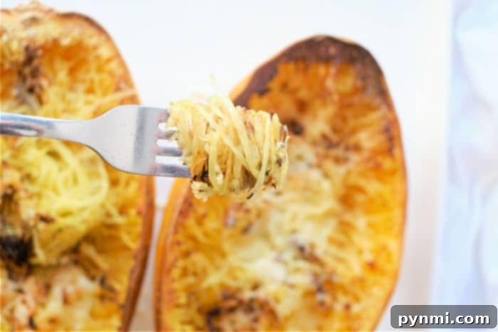 Perfectly Roasted Air Fryer Spaghetti Squash 8 A close-up of air fryer spaghetti squash showing its golden-brown exterior and stringy texture.