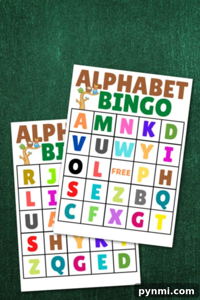 Two vibrant alphabet bingo cards rest on a green textured background, ready for your next game.