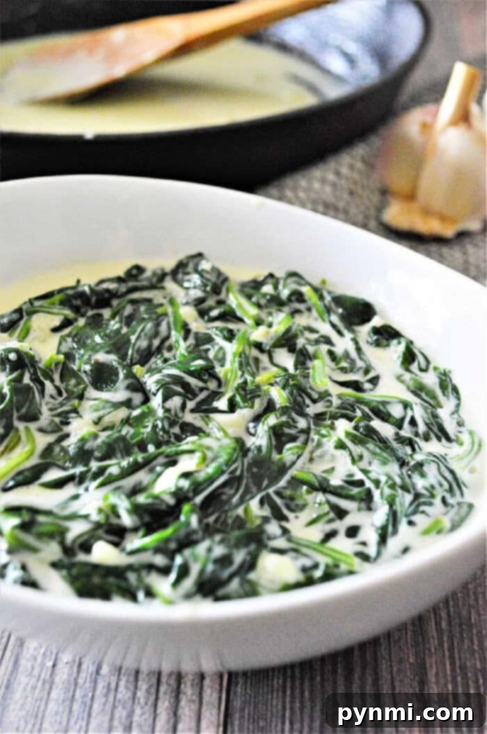 A serving bowl filled with luscious creamed spinach, garnished with a sprinkle of fresh Parmesan, ready to be enjoyed as a perfect side dish.